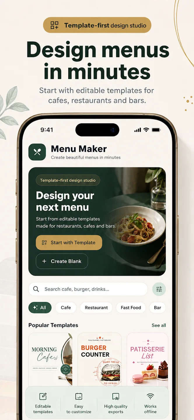 Menu Maker template gallery on a phone with restaurant and cafe menu examples