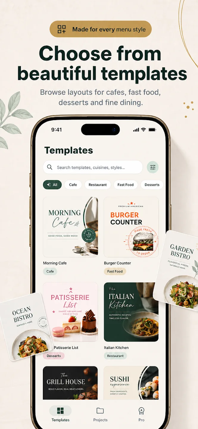 Menu Maker template gallery showing cafe, fast food, dessert, and restaurant menu designs