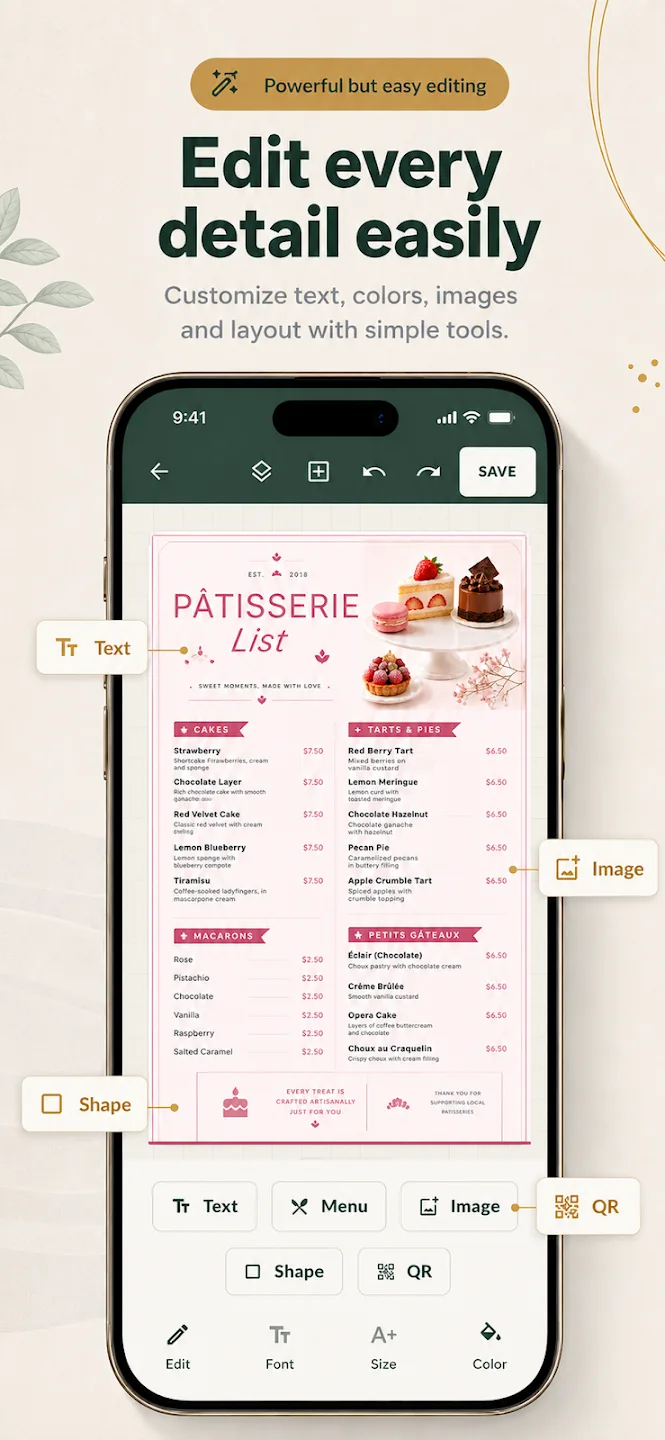 Menu Maker editor showing a menu design with editable text and image controls
