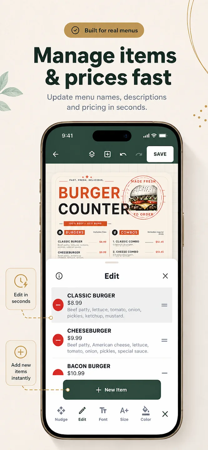 Restaurant menu design being edited in the Menu Maker mobile app