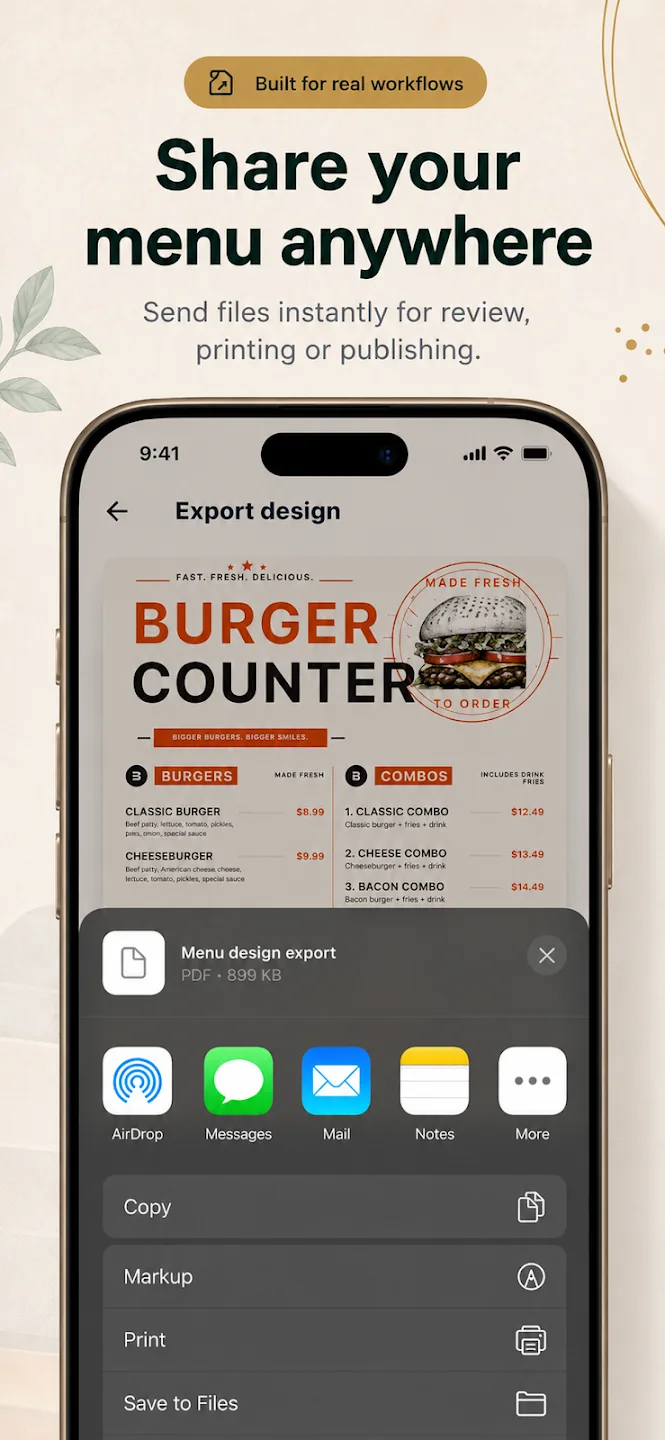 Menu Maker sharing a menu design from the mobile app